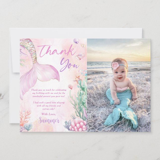 Cartão De Agradecimento Pink Mermaid 1st Birthday Oneder The Sea Photo (Frente)