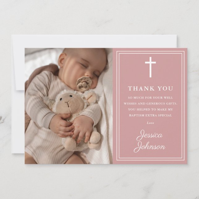 Cartão De Agradecimento Pink Modern Photo Baptism Christening (Frente)