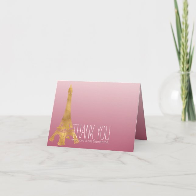 Cartão De Agradecimento Pink Ombre Gold Glam Eiffel Tower Thank you (Frente)