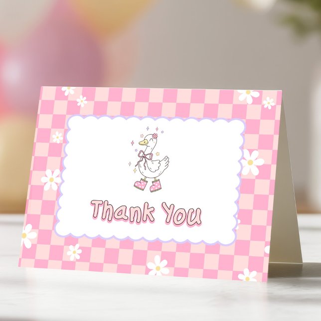 Cartão De Agradecimento Pink One Silly Goose-Girl's First Birthday (Pink One Silly Goose Thank you card. Spring themed Girl's first birthday cards.)