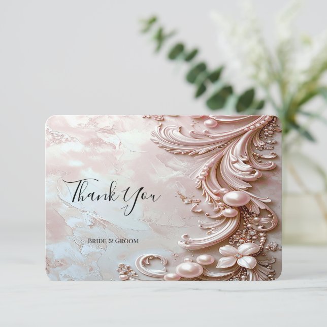Cartão De Agradecimento Pink Ornate Pearl and Floral Thank You Card (Em pé/Frente)