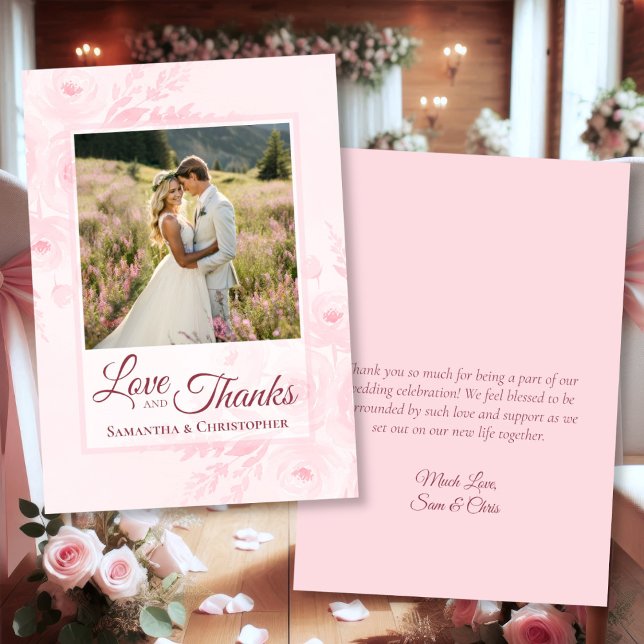 Cartão De Agradecimento Pink Peonies Love & Thanks Photo & Note Wedding (Front/Back)