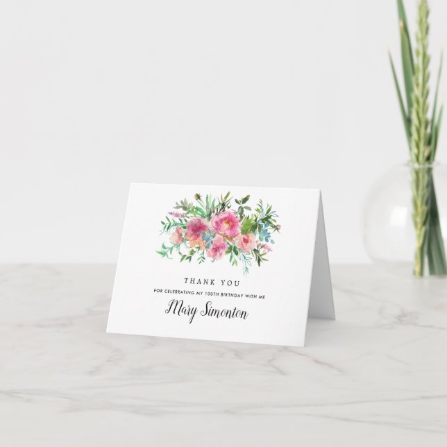 Cartão De Agradecimento Pink Peony Floral 100ª Foto de Aniversário (Frente)