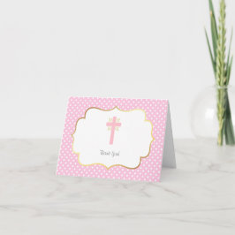 Cartão De Agradecimento Pink Polka Dot Baptism Thank You Gold and Cross