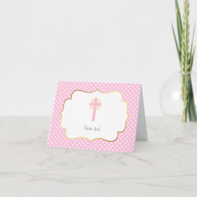 Cartão De Agradecimento Pink Polka Dot Baptism Thank You Gold and Cross (Frente)