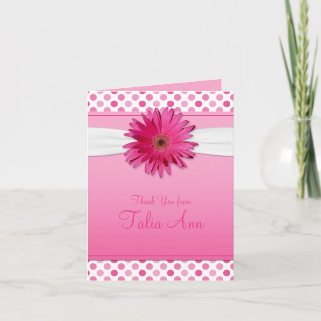 Cartão De Agradecimento Pink Polka Dot Daisy Bat Mitzvah Thank You Card (Frente)