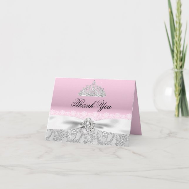 Cartão De Agradecimento Pink Princess Tiara & Bow Thank You Card (Frente)