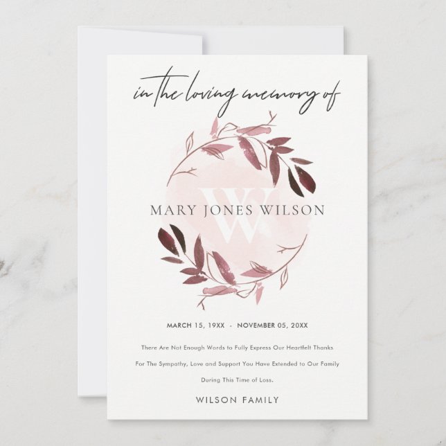 CARTÃO DE AGRADECIMENTO PINK PURPLE BLUSH FOLIAGE WREATH SEMORIAL (Frente)