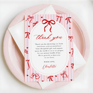 Cartão De Agradecimento Pink Red Coquette Bow Valentine Baby Shower
