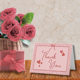 Cartão De Agradecimento Pink Red Galentine Coquette Bow Hearts Stripes
