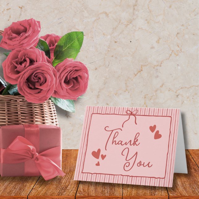Cartão De Agradecimento Pink Red Galentine Coquette Bow Hearts Stripes (Criador carregado)