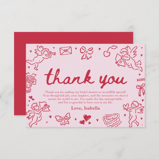 Cartão De Agradecimento Pink Red Hearts Hand Drawn Valentine Bridal Shower (Frente/Verso)