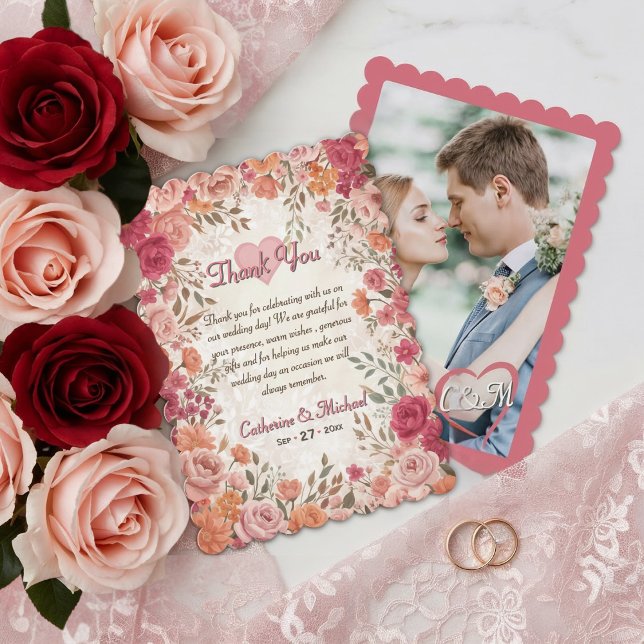 Cartão De Agradecimento Pink & Red Romantic Rose Spring Floral Wedding (Flat lay pink red watercolor floral vintage spring garden romantic wedding thank you card)