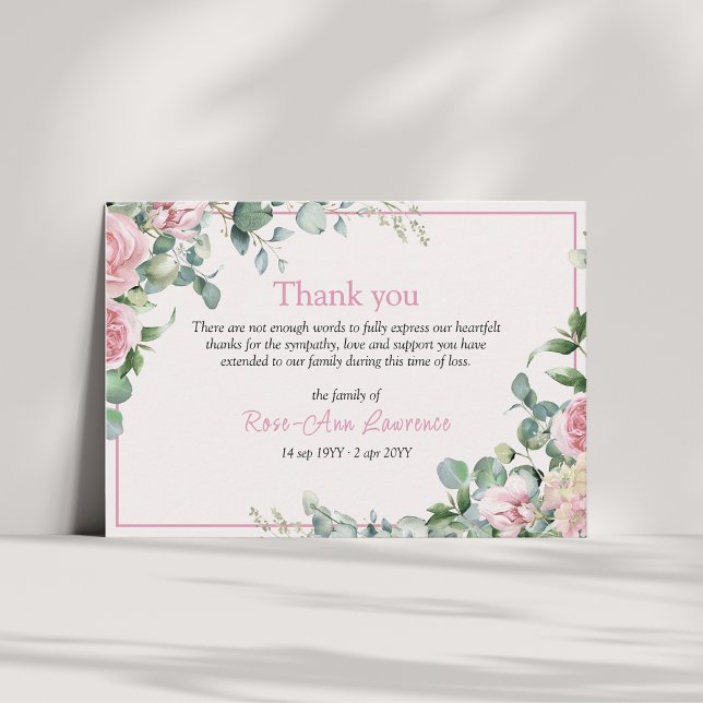Cartão De Agradecimento Pink roses eucalyptus leaves floral frame funeral (pink roses border floral thank you funeral card)