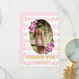 Cartão De Agradecimento Pink Roses Striped Graduation Brunch