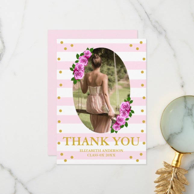 Cartão De Agradecimento Pink Roses Striped Graduation Brunch (Frente/Verso In Situ)
