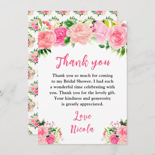 Cartão De Agradecimento Pink Roses with Foliage Bridal Shower (Frente/Verso)