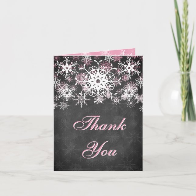 Cartão De Agradecimento Pink Snowy Chalkboard Wedding Thank You Card (Frente)
