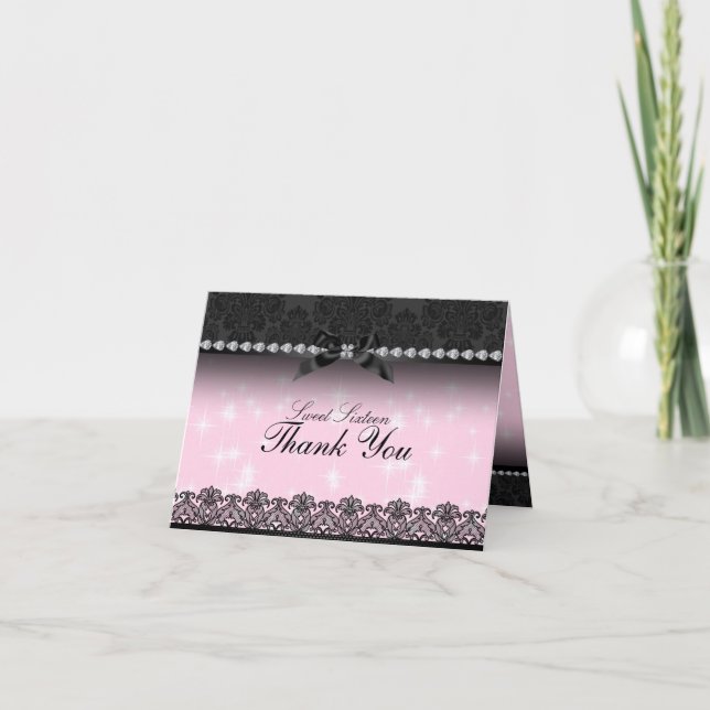 Cartão De Agradecimento Pink Sparkle & Black Lace Sweet16 Thank You card (Frente)