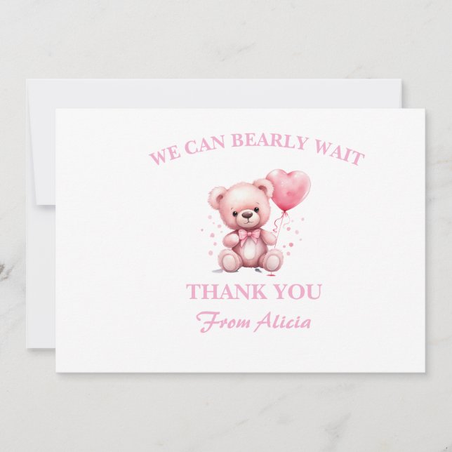 Cartão De Agradecimento Pink Teddy Bear Baby Shower (Frente)