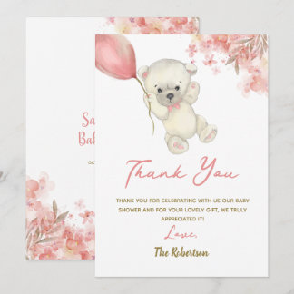 Cartão De Agradecimento Pink Teddy Bear Baby Shower | Floral Baby Girl