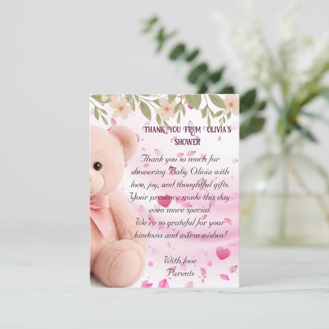 Cartão De Agradecimento Pink Teddy Bear Baby Shower Thank You Card. (Em pé/Frente)