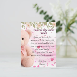 Cartão De Agradecimento Pink Teddy Bear Baby Shower Thank You Card.