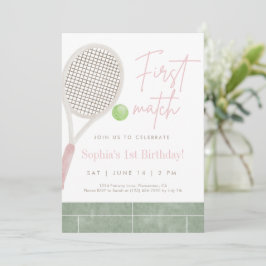 Cartão De Agradecimento Pink Tennis First Birthday Party Invitation