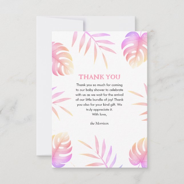 Cartão De Agradecimento Pink Tropical Leaves Baby Shower Thank You Cards (Frente)