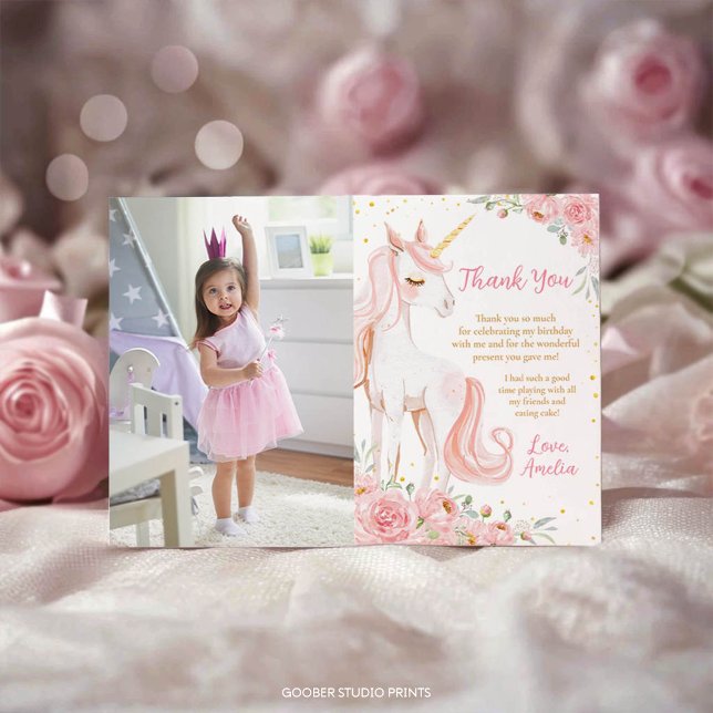 Cartão De Agradecimento Pink Unicorn Floral Birthday Party Photo (Criador carregado)