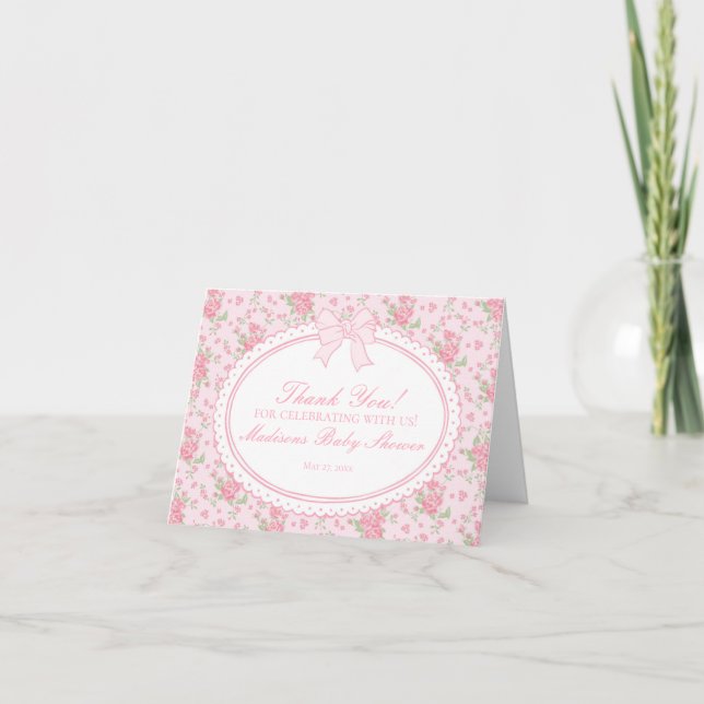 Cartão De Agradecimento Pink Vintage Fancy Floral Thank You Card  (Frente)