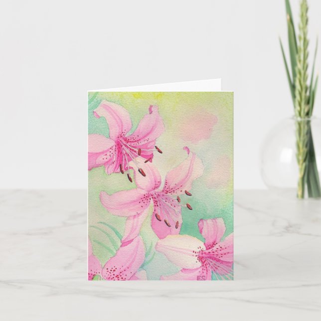 Cartão De Agradecimento Pink Watercolor Lily - Blank Greeting Card (Frente)