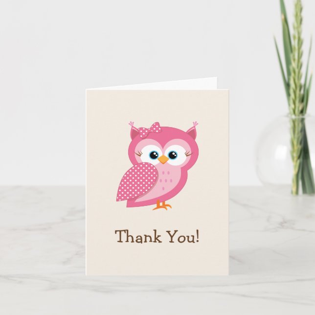 Cartão De Agradecimento Pink & White Polka Dot Owl Thank You (Frente)