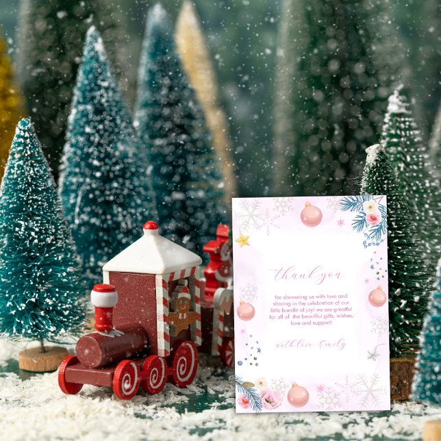Cartão De Agradecimento Pink Winter Snowflake Floral Baby Shower  (Pink Winter Snowflake Floral Baby Shower Thank You Card)