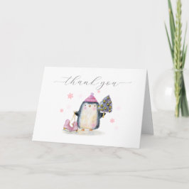 Cartão De Agradecimento Pink Winter Woodland Skate Penguin Baby Shower