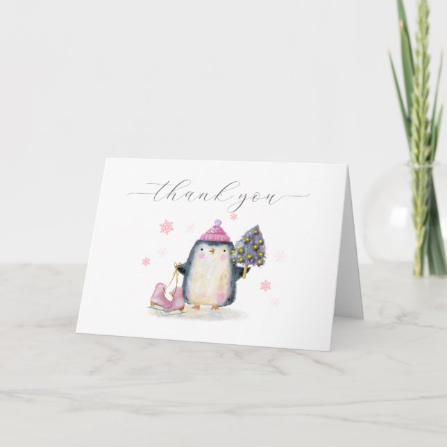 Cartão De Agradecimento Pink Winter Woodland Skate Penguin Baby Shower  (Frente)