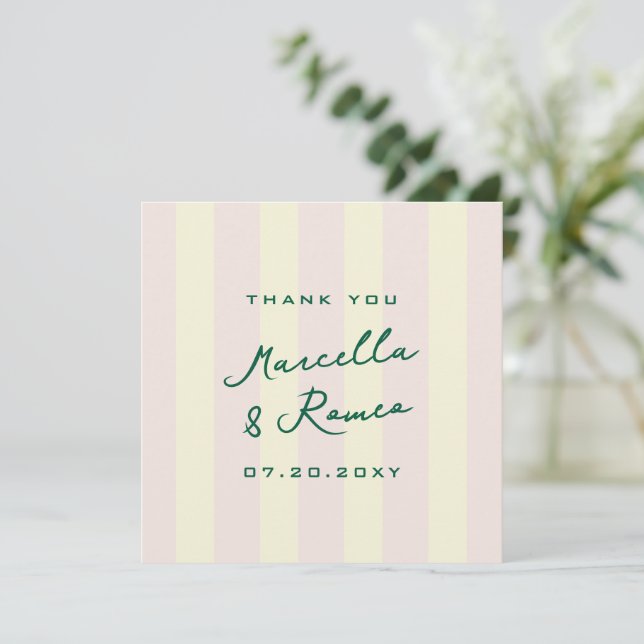 Cartão De Agradecimento Pink Yellow Vertical Stripes Wedding Thank You (Em pé/Frente)