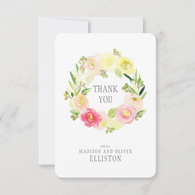 Cartão De Agradecimento Pink & Yellow Watercolor| Obrigado (Frente)