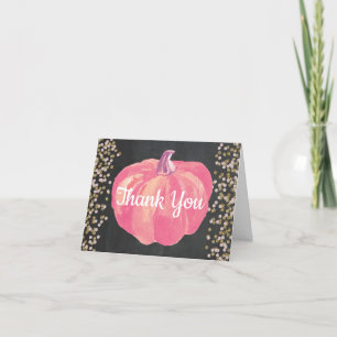 Cartão De Agradecimento Pintura de Abóbora de Outono Rosa Dourado Glitter