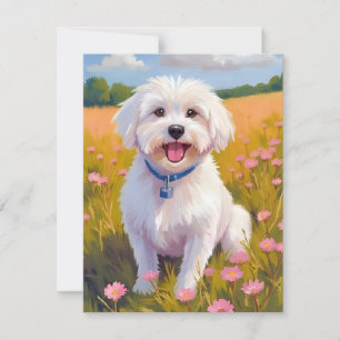 Cartão De Agradecimento Pintura do Campo de Flores do Cão Maltês