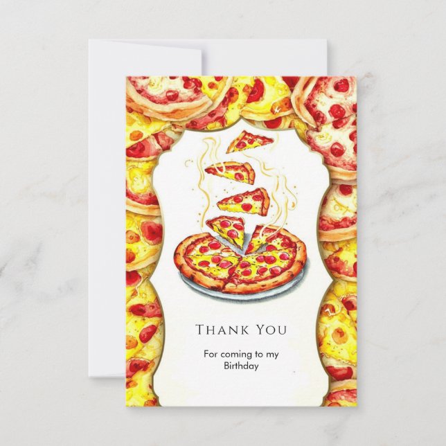 Cartão De Agradecimento Pizza de Aniversário com Aquarela Encantada (Frente)