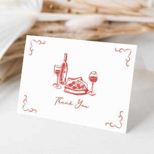 Cartão De Agradecimento Pizza Vinho Funky Manuscrito Ilustrado