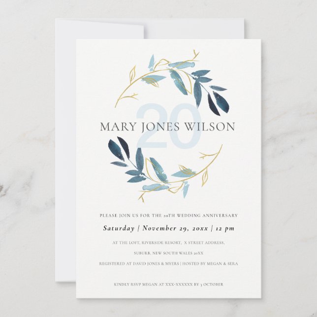 CARTÃO DE AGRADECIMENTO PLACA ANIVERSÁRIA AZUL DOURADA FAUNA WREATH A QUAL (Frente)