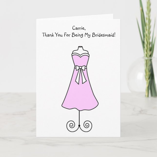 Cartão De Agradecimento Placa De Bridesmaid Com Vestido Rosa (Frente)