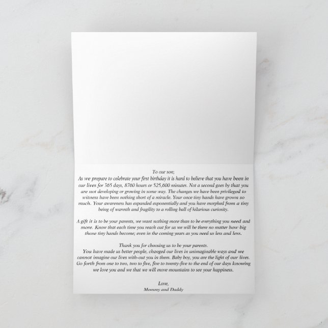 Cartão De Agradecimento Placa de primeiro aniversario dobrada para Filho d (Interior)
