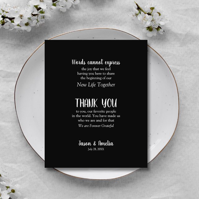 Cartão De Agradecimento Placa de Recepção de casamento Preta e Branca (Black and White Wedding Reception Plate Thank You Cards)