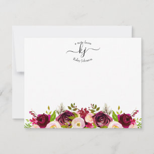 Cartão De Agradecimento Placa Nota Burgundy Blush Botânico Floral Monogram