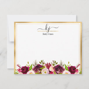 Cartão De Agradecimento Placa Nota Burgundy Blush Botânico Floral Monogram