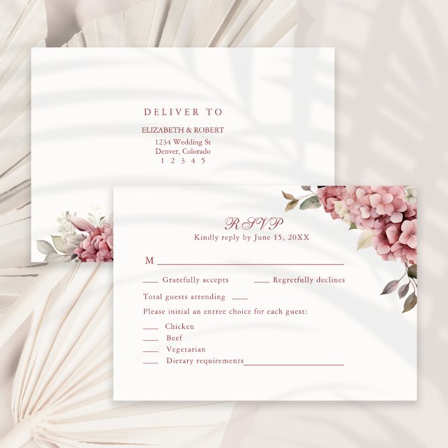 Cartão De Agradecimento Placa RSVP de Casamento de Hydrangea Rosa Modern D (Modern Dusty Rose Hydrangea Wedding RSVP Card on a sunny neutral dry palm leaf.)