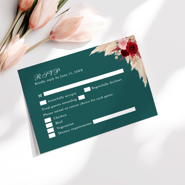 Cartão De Agradecimento Placa RSVP de Casamento de Rosas Tropicais Teais (Teal Tropical Roses Wedding RSVP Card on sunny white table with pale pink flowers.)